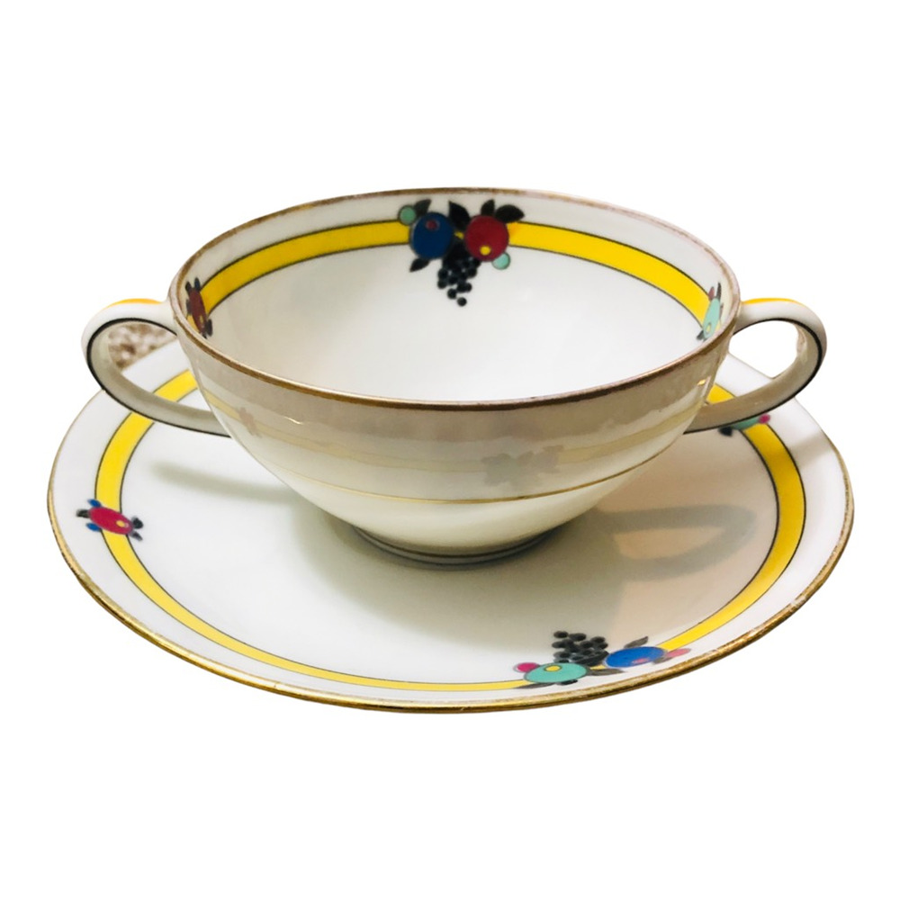 Vintage Limoges C Ahrenfeldt Soup Cup Saucer 2 Handle Set Floral Basket White